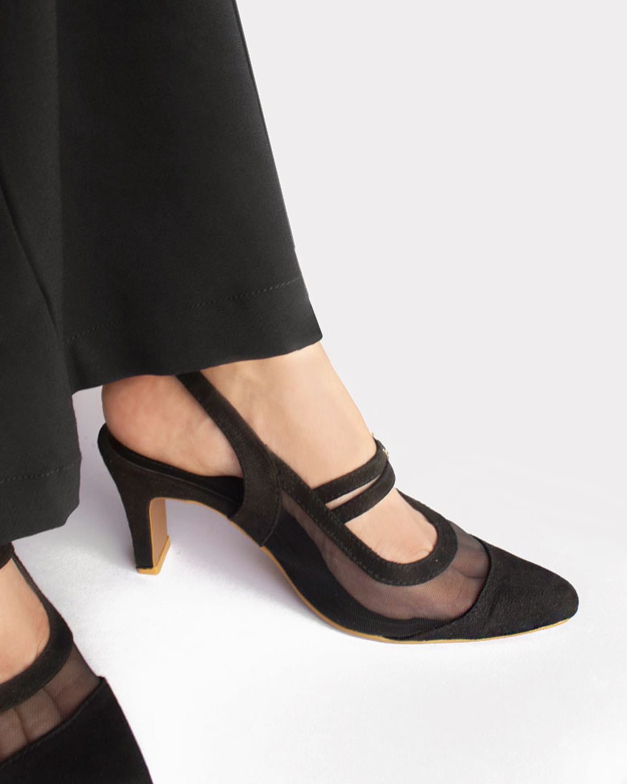 Black mesh pointed heels