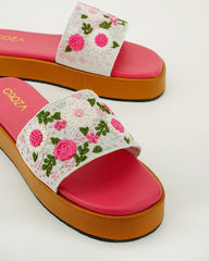 Pink Floral Embroidered Wedges