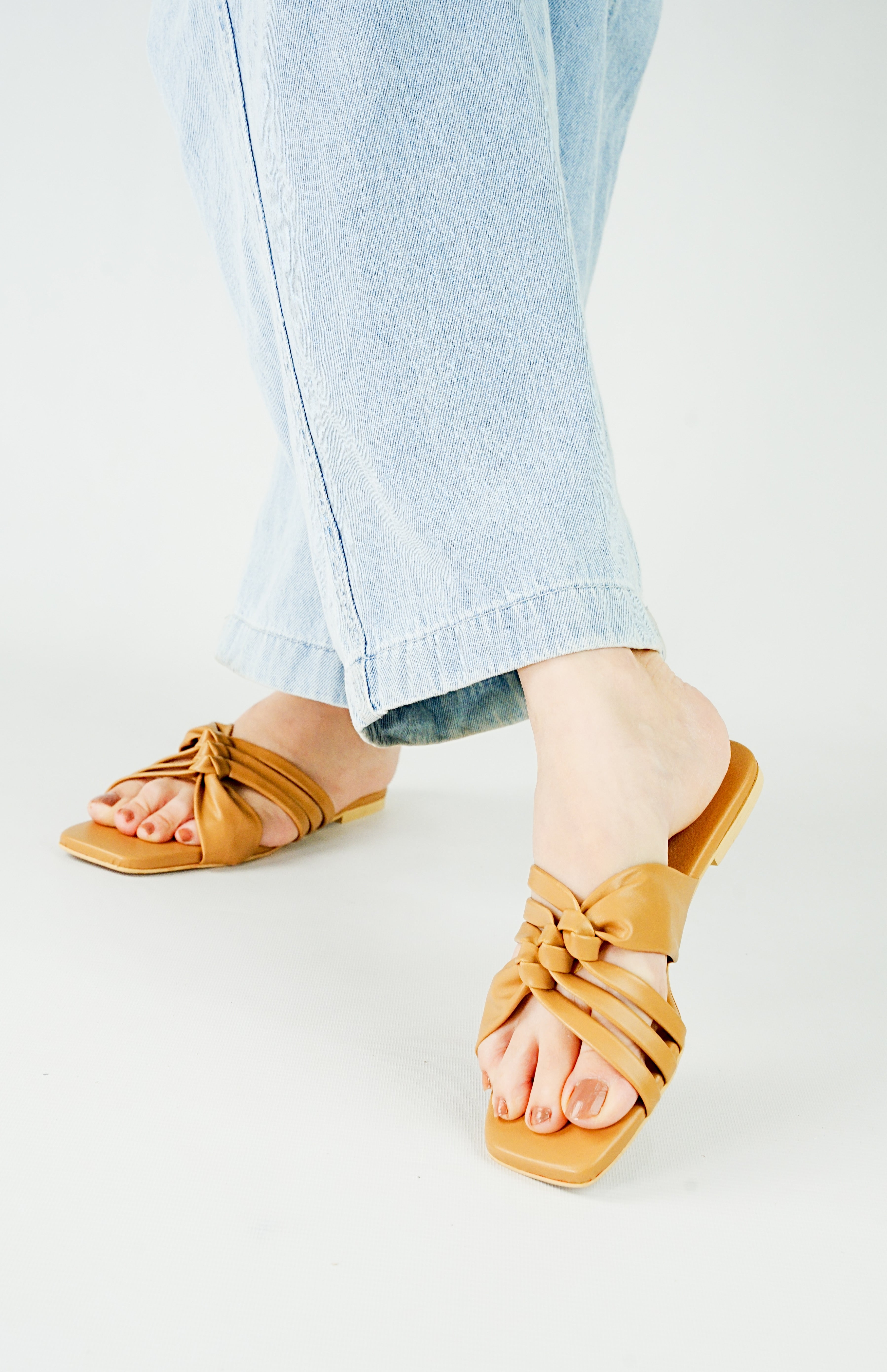 Beige Knotted Strap Flats