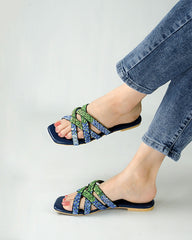 Blue Embroidered Flats
