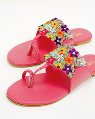 Pink Floral Embroidered Kohlapuris