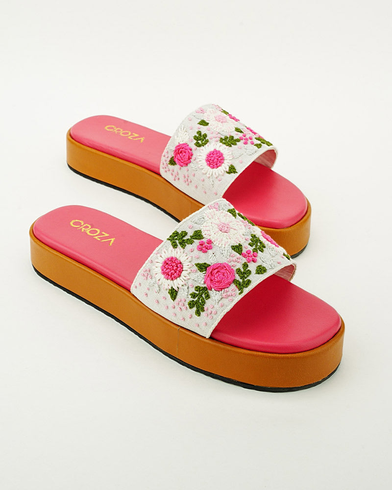 Pink Floral Embroidered Wedges