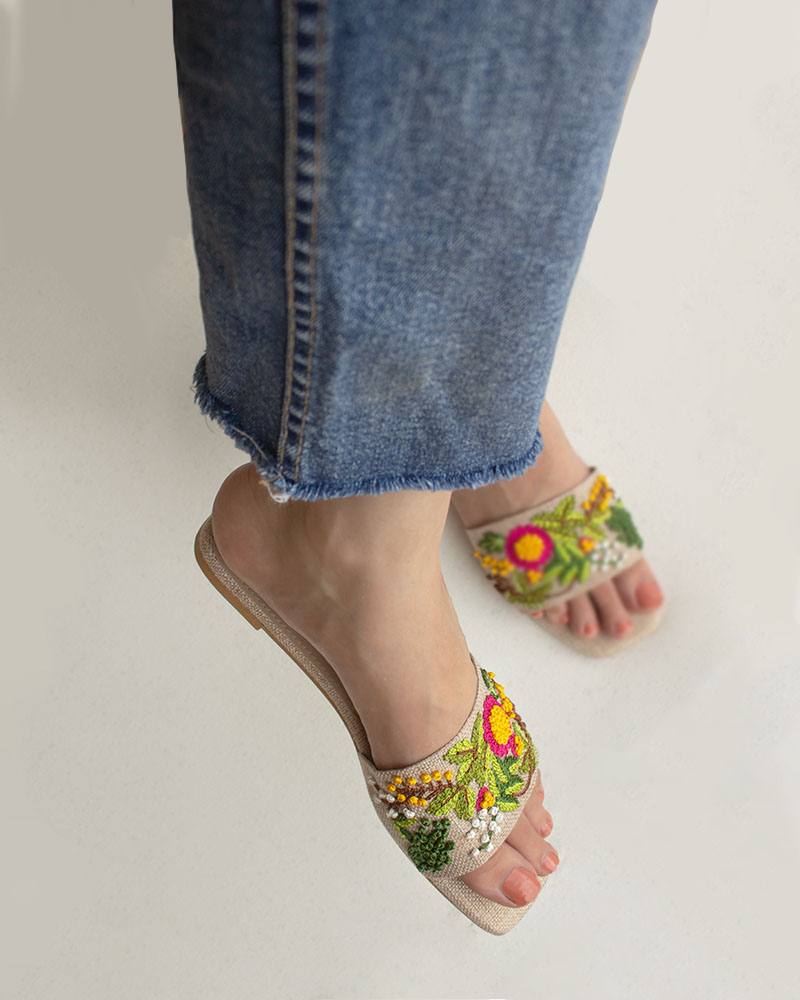 Hand Embroidered Floral Flats