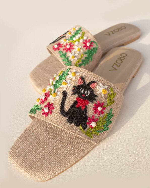 Hand Embroidered Cat Floral Flat