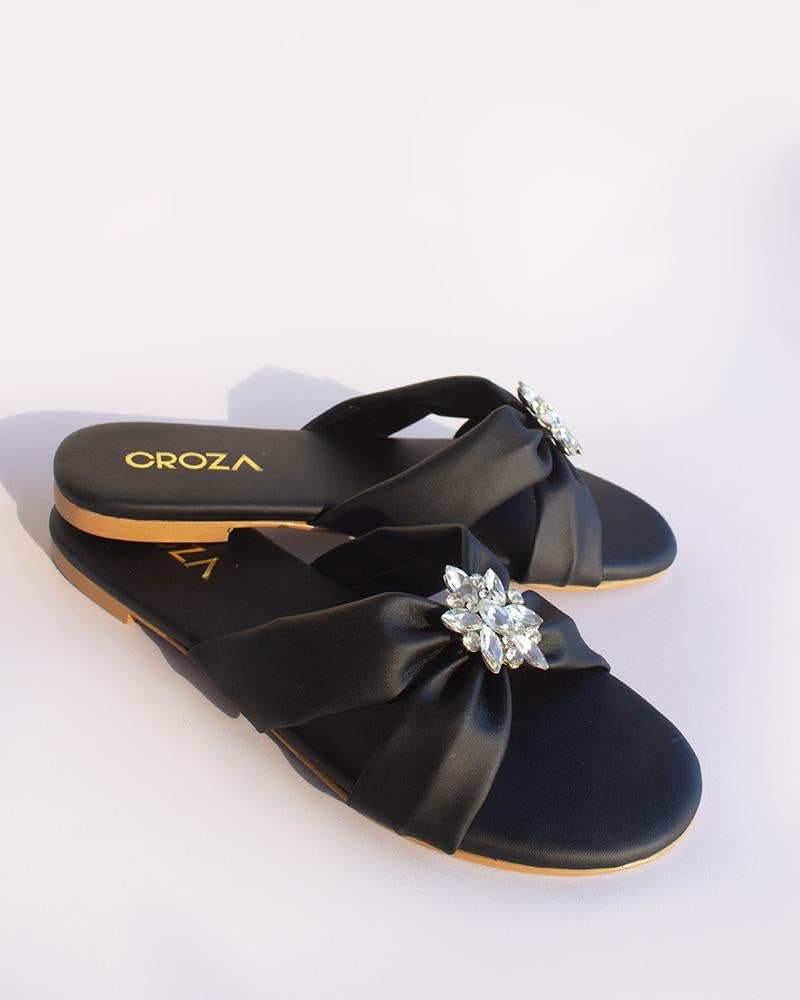 Black Crossover Flats with Brooch