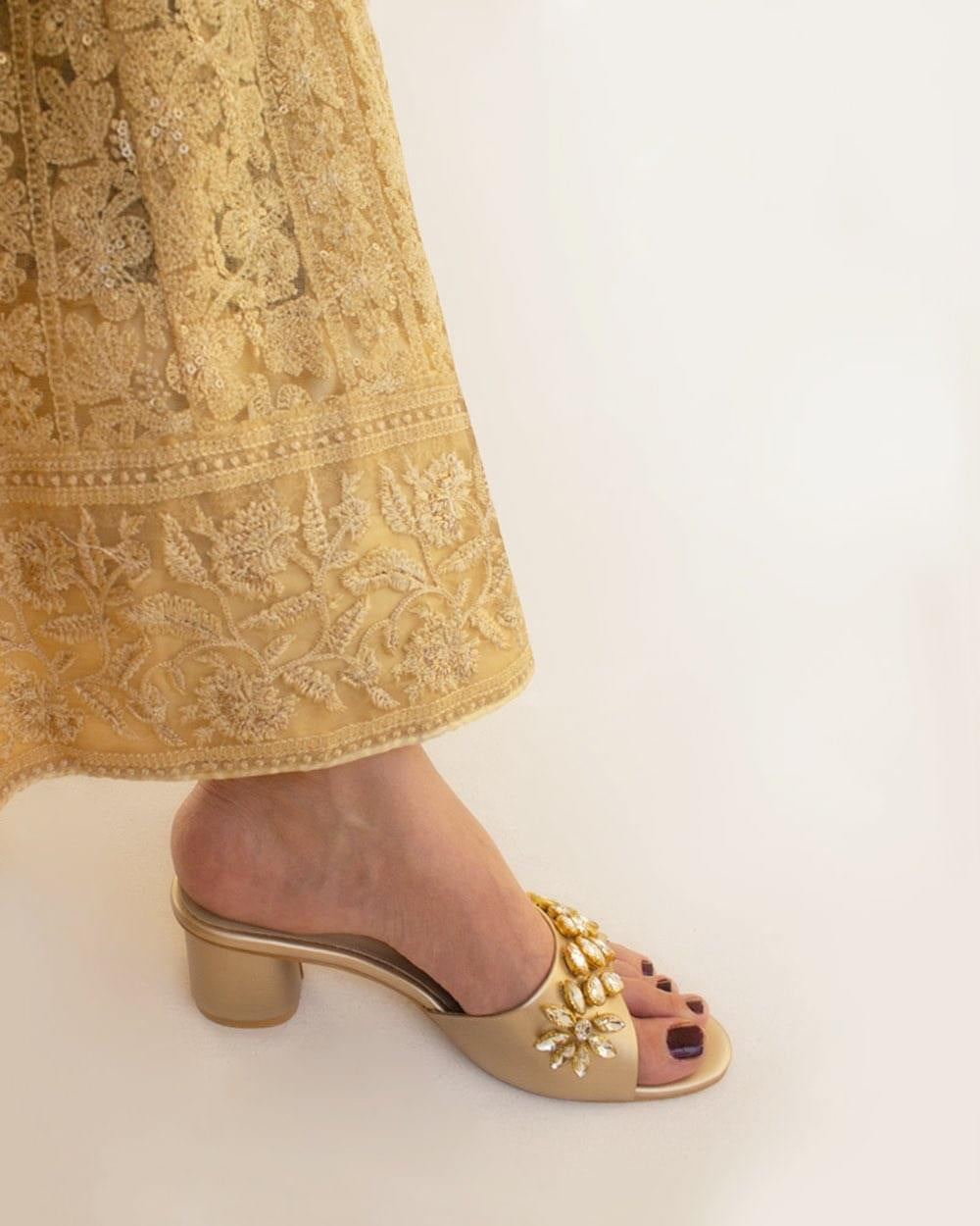 Golden Block Heels with diamontees